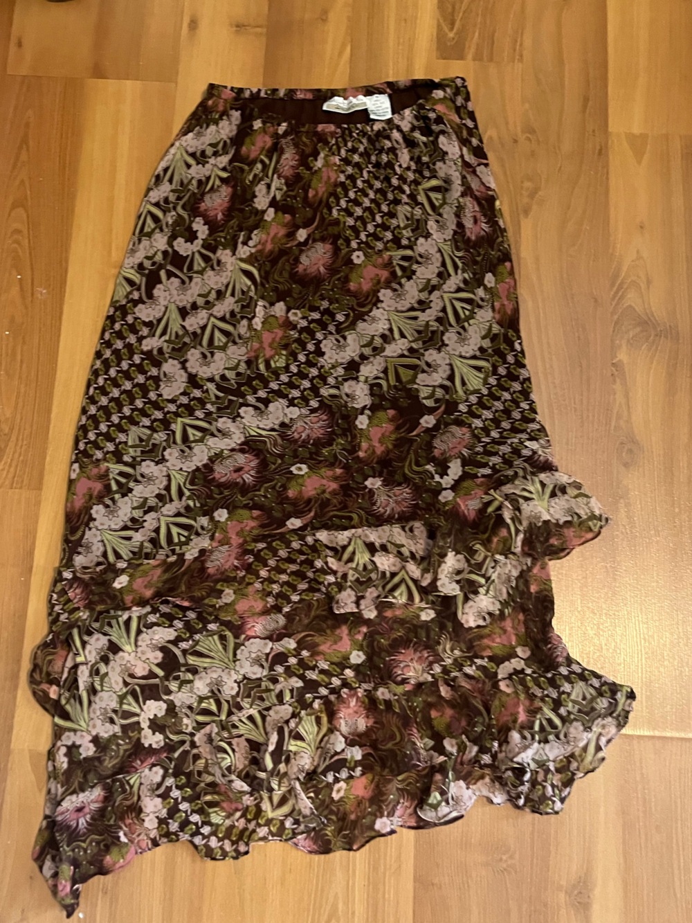 Vintage Floral Ruffle Hem Maxi Skirt - Brown & Pink